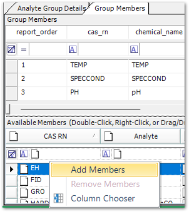 Right-clicking in the Group Members tab of the EQuIS Professional Groups Form shows the Available Members context menu