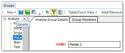 The Save As button in the EQuIS PRofessional Groups Form toolbar
