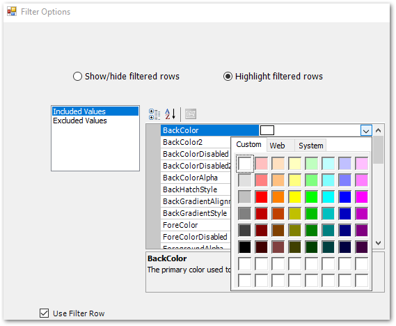 Filter Options Preference Menu with BackColor Palette Displayed
