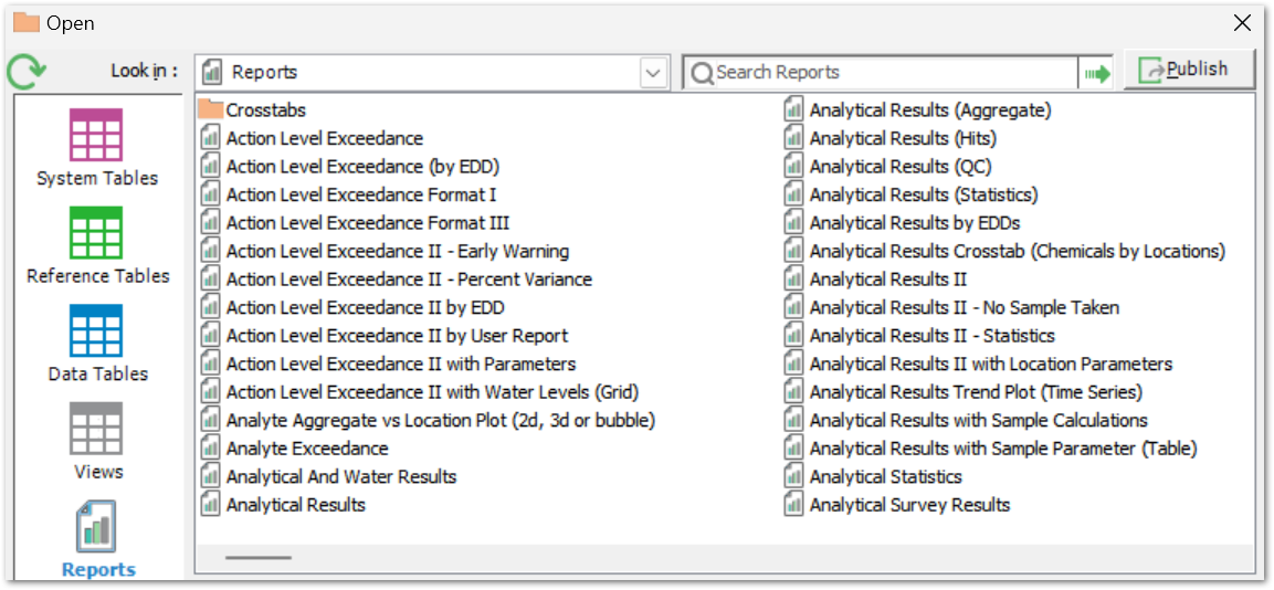 EQuIS Professional Open window on the Reports tab, showing a Crosstabs folder at the start of the Reports list. EQuIS Professional Open window on the Reports tab, showing a Crosstabs folder at the start of the Reports list.